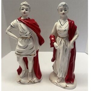 Vintage Roman Couple Figurines White Red Gold‎ Toga Statue Decor Set